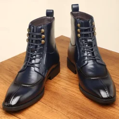 Men's Vintage Brown Faux Leather Ankle Boots - Classic Lace-Up Design with Polished Finish for Formal and Casual Wear