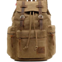 Men's Vintage Canvas Backpack with Leather Straps and Drawstring Closure – Durable Travel Rucksack for Hiking, School, or Daily Use