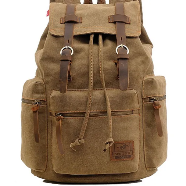 Men's Vintage Canvas Backpack with Leather Straps and Drawstring Closure – Durable Travel Rucksack for Hiking, School, or Daily Use