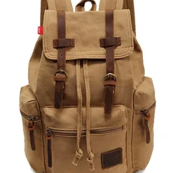 Men's Vintage Canvas Backpack with Leather Straps and Drawstring Closure – Durable Travel Rucksack for Hiking, School, or Daily Use