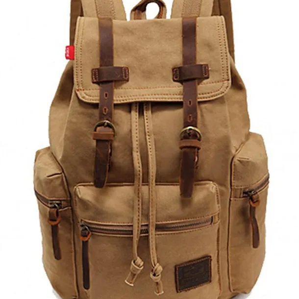 Men's Vintage Canvas Backpack with Leather Straps and Drawstring Closure – Durable Travel Rucksack for Hiking, School, or Daily Use