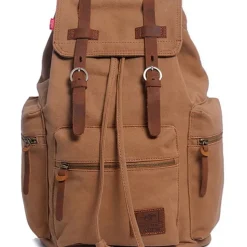 Men's Vintage Canvas Backpack with Leather Straps and Drawstring Closure – Durable Travel Rucksack for Hiking, School, or Daily Use