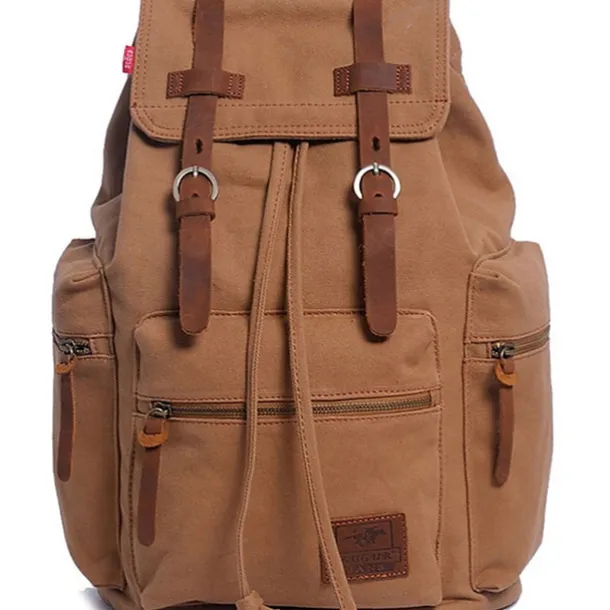 Men's Vintage Canvas Backpack with Leather Straps and Drawstring Closure – Durable Travel Rucksack for Hiking, School, or Daily Use