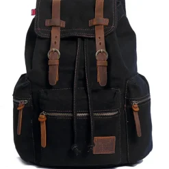 Men's Vintage Canvas Backpack with Leather Straps and Drawstring Closure – Durable Travel Rucksack for Hiking, School, or Daily Use