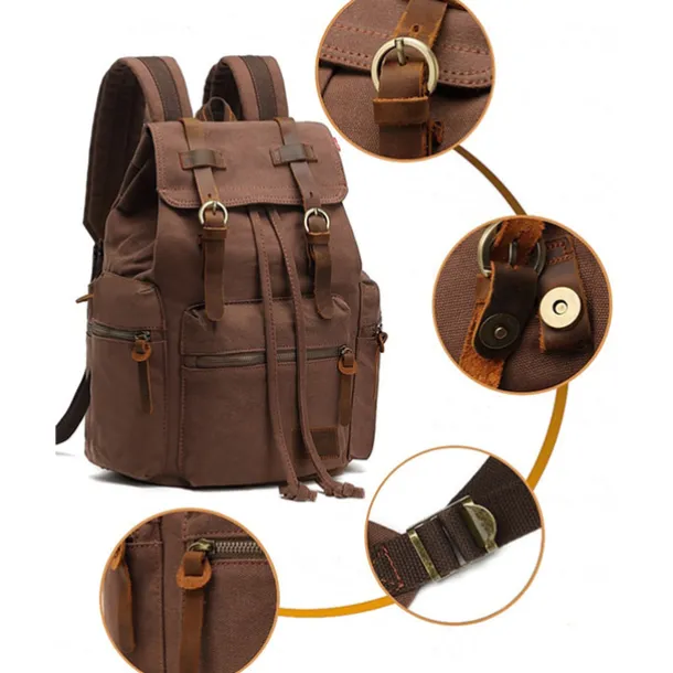 Men's Vintage Canvas Backpack with Leather Straps and Drawstring Closure – Durable Travel Rucksack for Hiking, School, or Daily Use