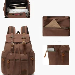 Men's Vintage Canvas Backpack with Leather Straps and Drawstring Closure – Durable Travel Rucksack for Hiking, School, or Daily Use