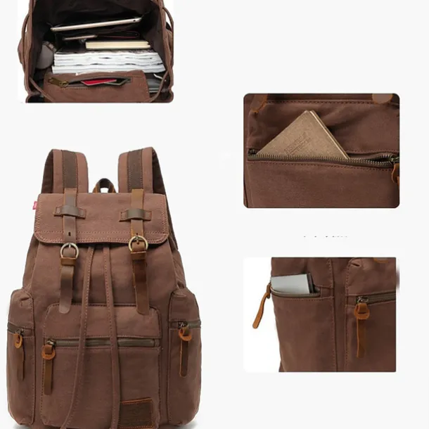 Men's Vintage Canvas Backpack with Leather Straps and Drawstring Closure – Durable Travel Rucksack for Hiking, School, or Daily Use
