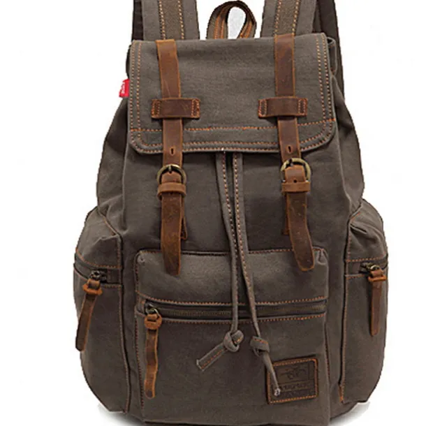 Men's Vintage Canvas Backpack with Leather Straps and Drawstring Closure – Durable Travel Rucksack for Hiking, School, or Daily Use