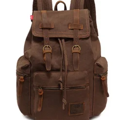 Men's Vintage Canvas Backpack with Leather Straps and Drawstring Closure – Durable Travel Rucksack for Hiking, School, or Daily Use