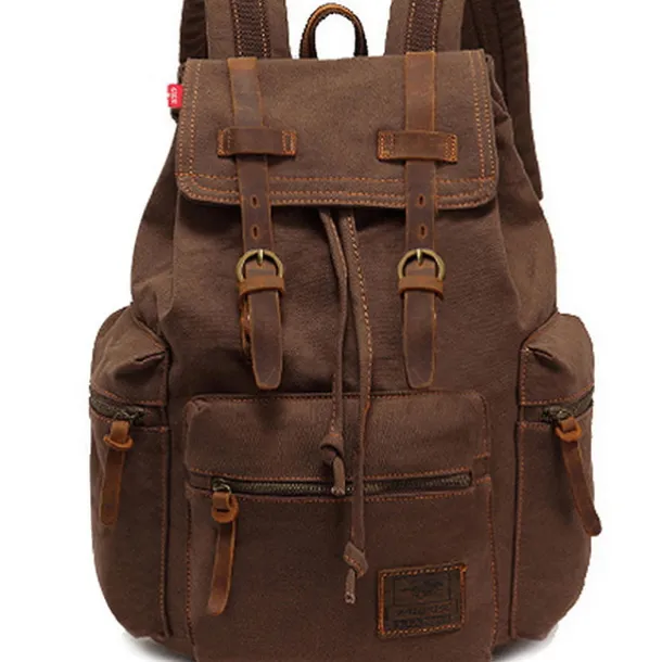 Men's Vintage Canvas Backpack with Leather Straps and Drawstring Closure – Durable Travel Rucksack for Hiking, School, or Daily Use
