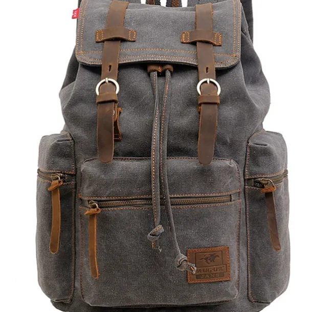 Men's Vintage Canvas Backpack with Leather Straps and Drawstring Closure – Durable Travel Rucksack for Hiking, School, or Daily Use
