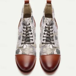 Men's Vintage Crane Print Lace-Up Boots – Faux Leather and Jacquard fabric Ankle Boots with Retro Style for Casual Wear