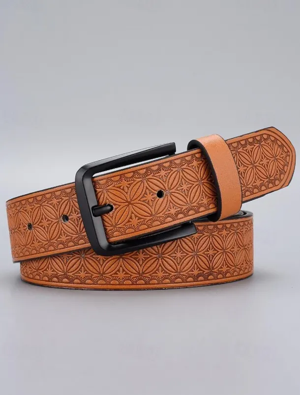 Men's Vintage Embossed Faux Leather Belt with Geometric Pattern – Classic Western Style Fashion Accessory