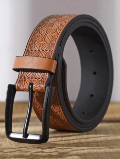 Men's Vintage Embossed Faux Leather Belt with Geometric Pattern – Classic Western Style Fashion Accessory