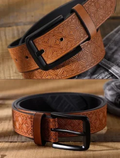 Men's Vintage Embossed Faux Leather Belt with Geometric Pattern – Classic Western Style Fashion Accessory