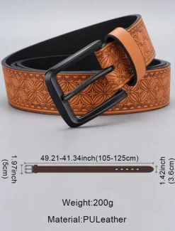 Men's Vintage Embossed Faux Leather Belt with Geometric Pattern – Classic Western Style Fashion Accessory