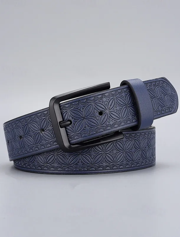 Men's Vintage Embossed Faux Leather Belt with Geometric Pattern – Classic Western Style Fashion Accessory