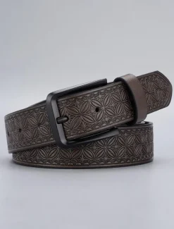 Men's Vintage Embossed Faux Leather Belt with Geometric Pattern – Classic Western Style Fashion Accessory