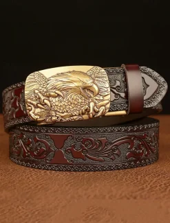 Men's Vintage Leather Belt with Eagle Embossed Buckle – Western Style Adjustable Belt for Casual and Formal Wear
