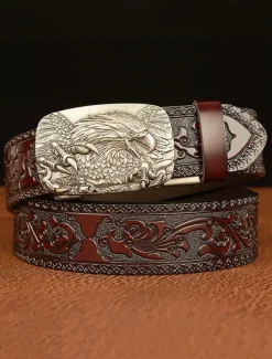 Men's Vintage Leather Belt with Eagle Embossed Buckle – Western Style Adjustable Belt for Casual and Formal Wear