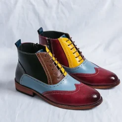 Men's Vintage Multicolor Faux Leather Brogue Ankle Boots - Retro Style Lace-Up Dress Shoes for Formal and Casual Occasions