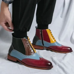 Men's Vintage Multicolor Faux Leather Brogue Ankle Boots - Retro Style Lace-Up Dress Shoes for Formal and Casual Occasions