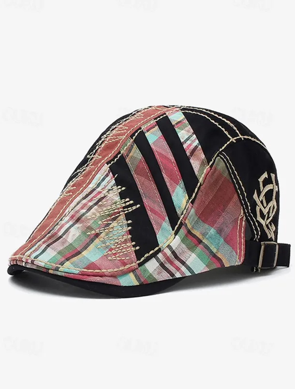 Men's Vintage Patchwork Flat Cap with Adjustable Strap – Casual Stylish Newsboy Hat for All Seasons