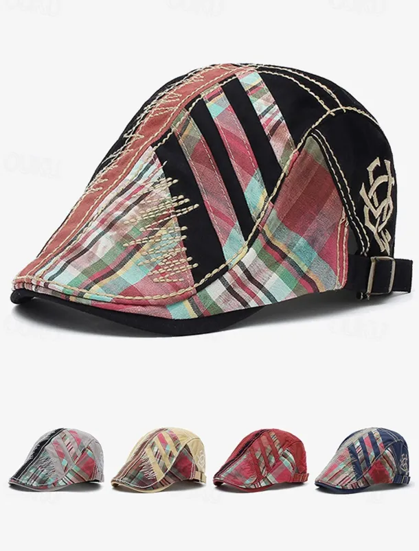 Men's Vintage Patchwork Flat Cap with Adjustable Strap – Casual Stylish Newsboy Hat for All Seasons