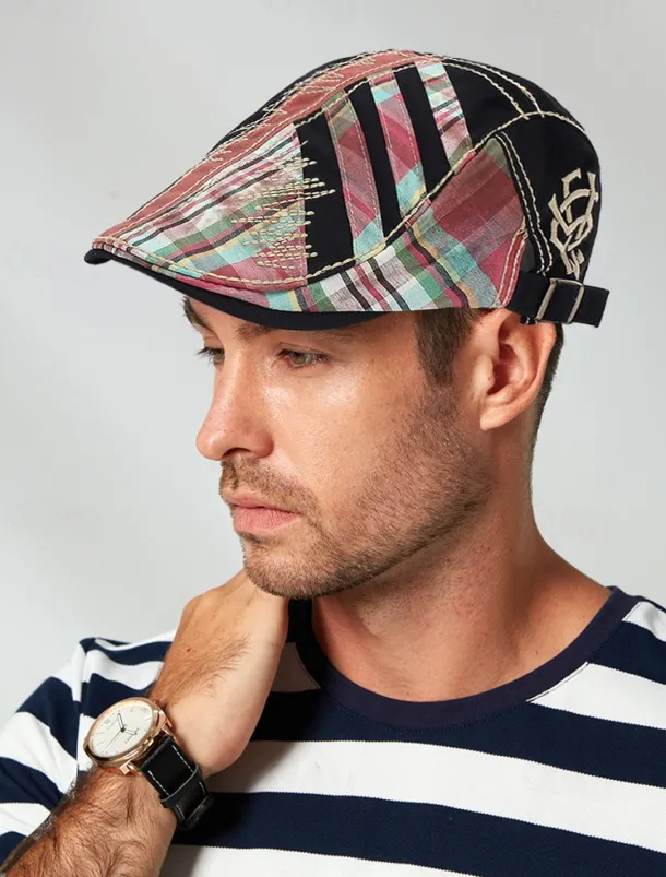 Men's Vintage Patchwork Flat Cap with Adjustable Strap – Casual Stylish Newsboy Hat for All Seasons