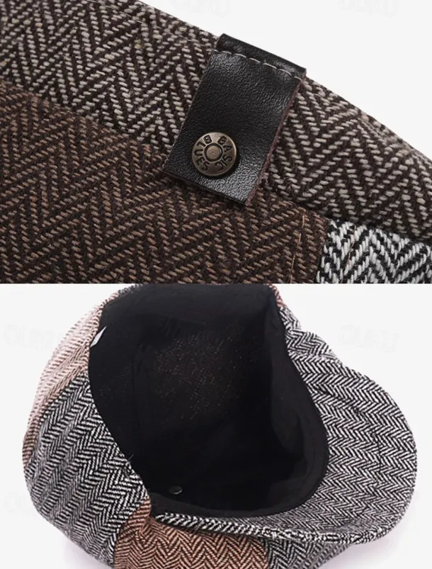 Men's Vintage Patchwork Herringbone Flat Cap – Classic Tweed Newsboy Hat for Autumn and Winter