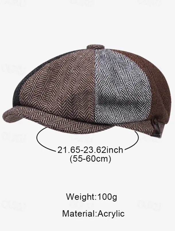 Men's Vintage Patchwork Herringbone Flat Cap – Classic Tweed Newsboy Hat for Autumn and Winter