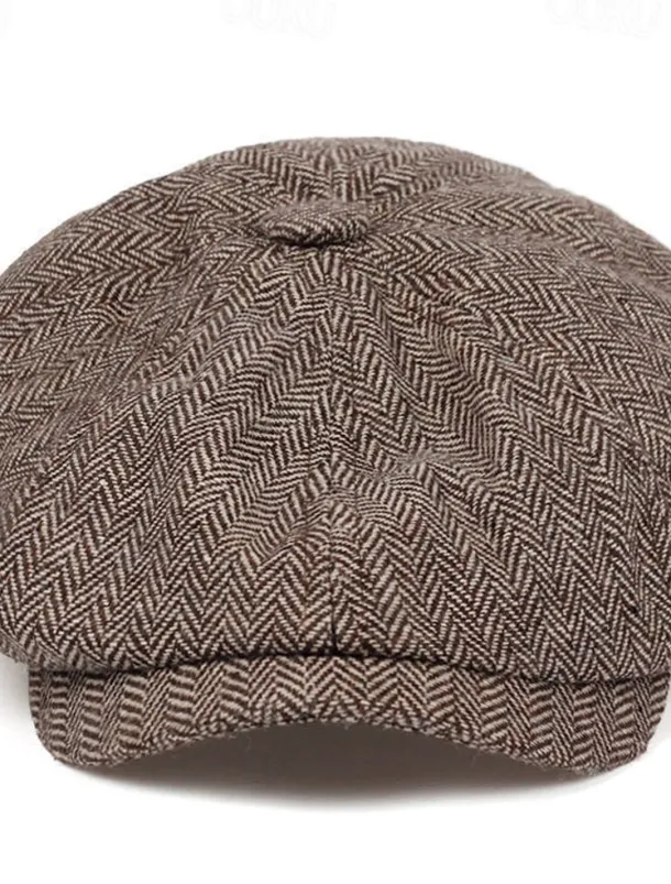 Men's Vintage Patchwork Herringbone Flat Cap – Classic Tweed Newsboy Hat for Autumn and Winter