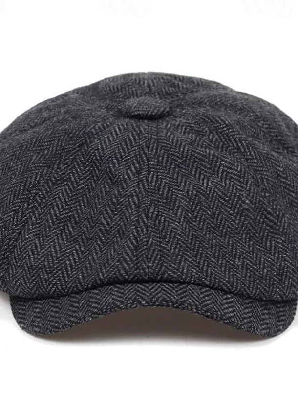 Men's Vintage Patchwork Herringbone Flat Cap – Classic Tweed Newsboy Hat for Autumn and Winter