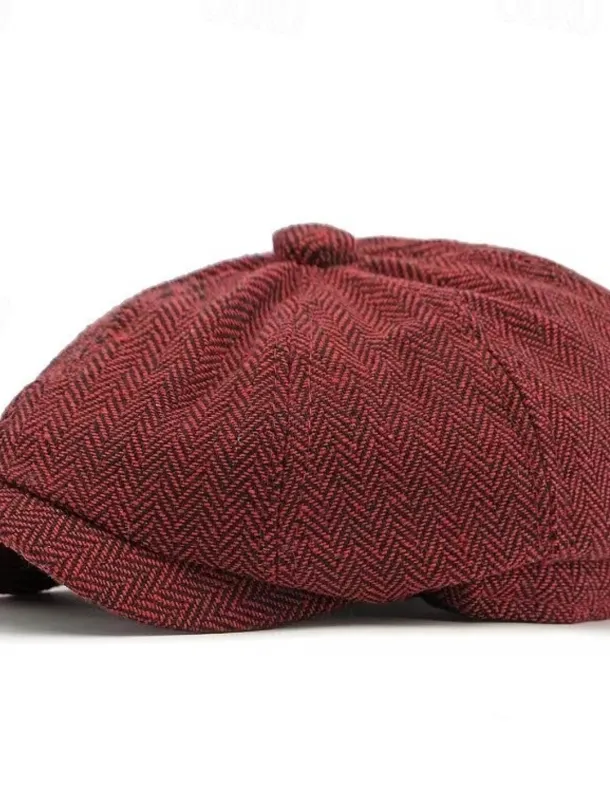 Men's Vintage Patchwork Herringbone Flat Cap – Classic Tweed Newsboy Hat for Autumn and Winter