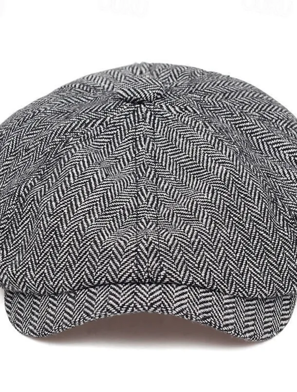 Men's Vintage Patchwork Herringbone Flat Cap – Classic Tweed Newsboy Hat for Autumn and Winter