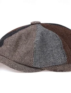 Men's Vintage Patchwork Herringbone Flat Cap – Classic Tweed Newsboy Hat for Autumn and Winter