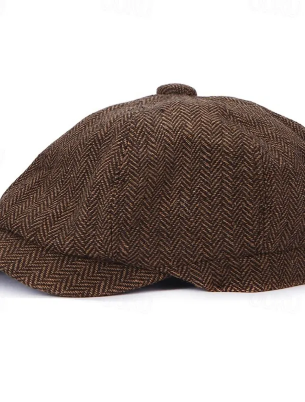 Men's Vintage Patchwork Herringbone Flat Cap – Classic Tweed Newsboy Hat for Autumn and Winter