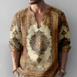 Men's Vintage Shirt Button Up Shirt Long Sleeve Fashion Streetwear Designer Outdoor Casual Daily Summer Spring Fall Stand Collar Print Blue-Green Blue Green Khaki Gray