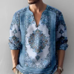 Men's Vintage Shirt Button Up Shirt Long Sleeve Fashion Streetwear Designer Outdoor Casual Daily Summer Spring Fall Stand Collar Print Blue-Green Blue Green Khaki Gray