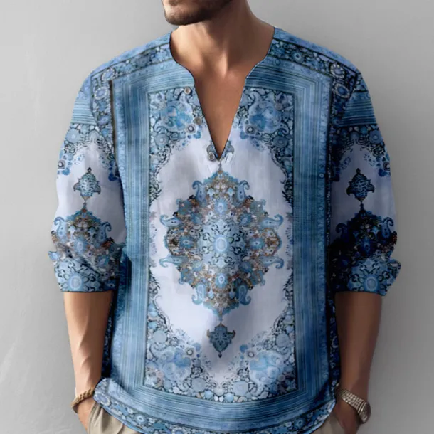 Men's Vintage Shirt Button Up Shirt Long Sleeve Fashion Streetwear Designer Outdoor Casual Daily Summer Spring Fall Stand Collar Print Blue-Green Blue Green Khaki Gray