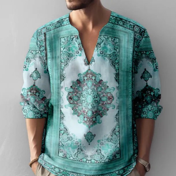 Men's Vintage Shirt Button Up Shirt Long Sleeve Fashion Streetwear Designer Outdoor Casual Daily Summer Spring Fall Stand Collar Print Blue-Green Blue Green Khaki Gray