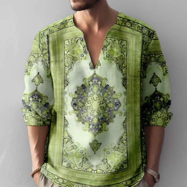 Men's Vintage Shirt Button Up Shirt Long Sleeve Fashion Streetwear Designer Outdoor Casual Daily Summer Spring Fall Stand Collar Print Blue-Green Blue Green Khaki Gray