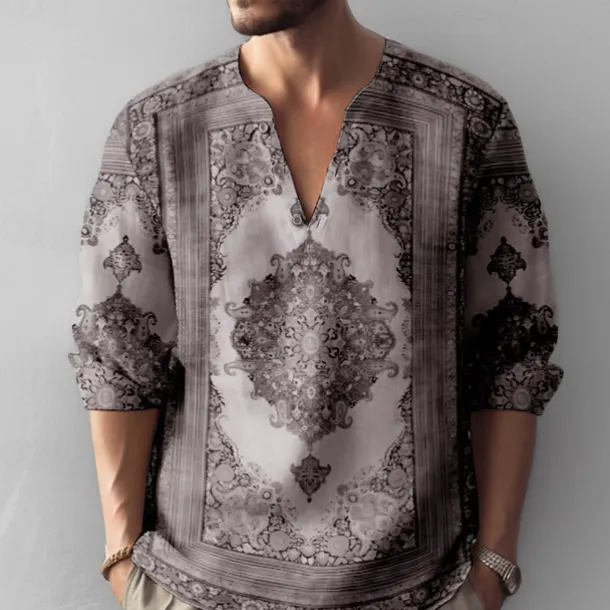 Men's Vintage Shirt Button Up Shirt Long Sleeve Fashion Streetwear Designer Outdoor Casual Daily Summer Spring Fall Stand Collar Print Blue-Green Blue Green Khaki Gray