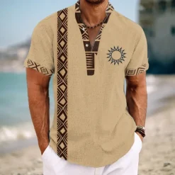 Men's Vintage Southwestern Print Button Up Shirt Henley Shirt Short Sleeve Hawaiian Resort Outdoor Business / Ceremony / Wedding Casual Summer Spring Fall Turndown Brown Green Khaki