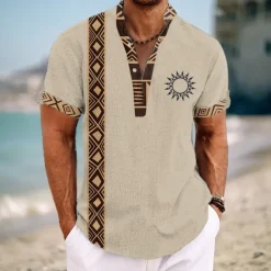Men's Vintage Southwestern Print Button Up Shirt Henley Shirt Short Sleeve Hawaiian Resort Outdoor Business / Ceremony / Wedding Casual Summer Spring Fall Turndown Brown Green Khaki