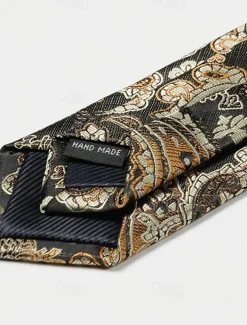 Men's Vintage Ties Wedding Party Patterned Tie with Floral Printed Black Yellow Red