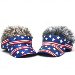 Men's Visor Hat with Spiked Wigs Fake Hair Visor Wig Men Sun Hat Baseball Cap Wig Hat Coffee Gray Polyester / Cotton Blend Print Fashion Casual Daily Independence Day American Flag Adjustable