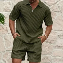 Men's Waffle Henley Shirt T-shirt Suits Tracksuit Tennis Shirt Short Sleeves Polo Collar Summer Solid Color Drawing Gymnatics Casual Zipper 2 Piece Vacation Daily Wear Activewear Army Green Black