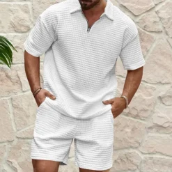 Men's Waffle Henley Shirt T-shirt Suits Tracksuit Tennis Shirt Short Sleeves Polo Collar Summer Solid Color Drawing Gymnatics Casual Zipper 2 Piece Vacation Daily Wear Activewear Army Green Black