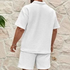 Men's Waffle Henley Shirt T-shirt Suits Tracksuit Tennis Shirt Short Sleeves Polo Collar Summer Solid Color Drawing Gymnatics Casual Zipper 2 Piece Vacation Daily Wear Activewear Army Green Black